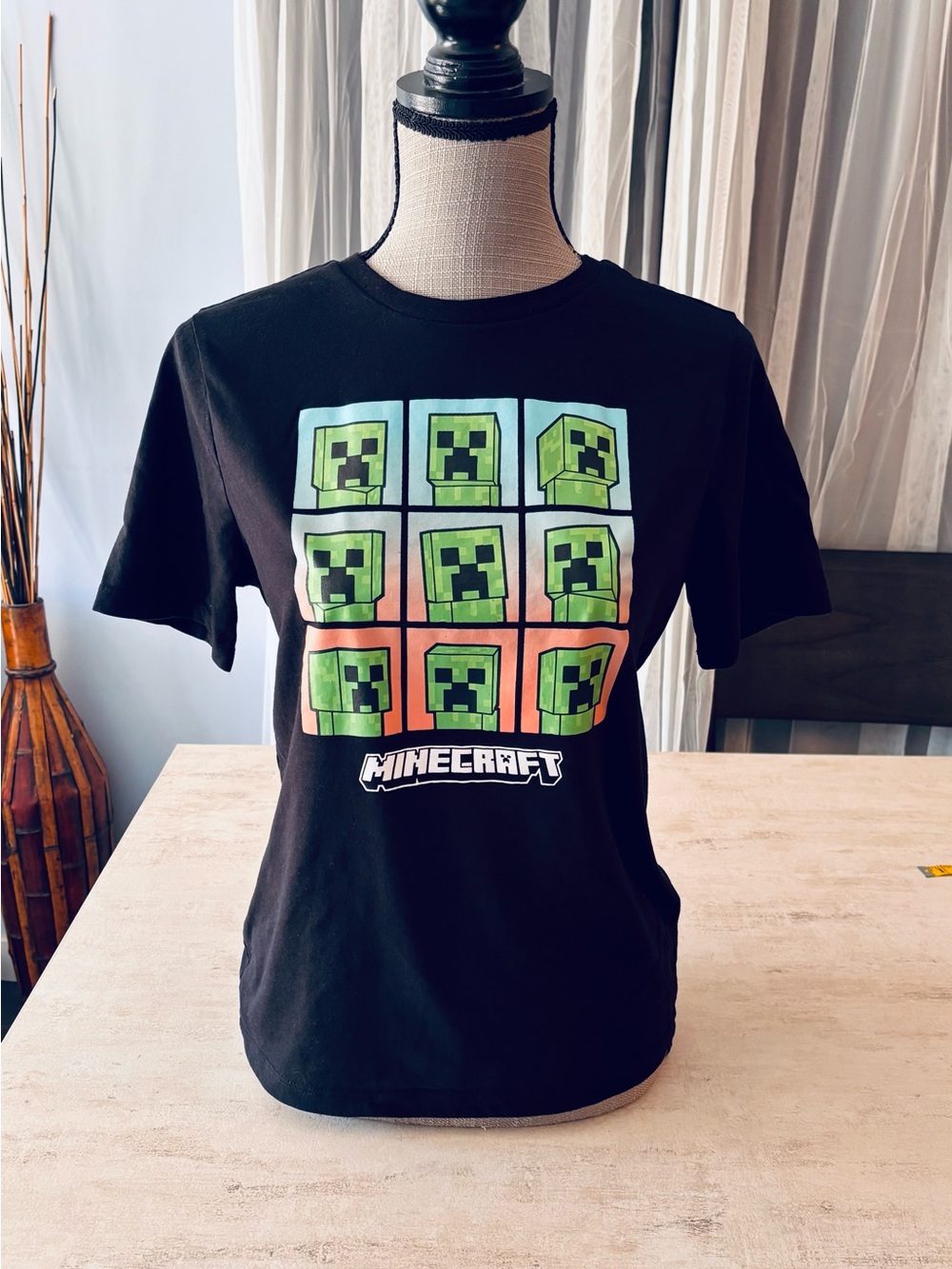 MAD Engine Black Minecraft Creeper Grid Tee with Green and Orange Accents